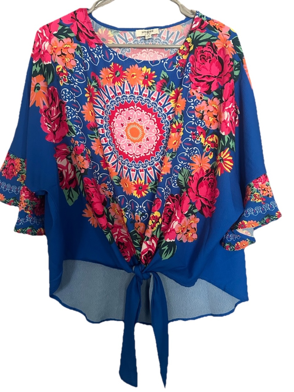 Umgee USA Women’s Medium Tie Front Mandala Bohemian Boho Hippie Flutter Sleeves